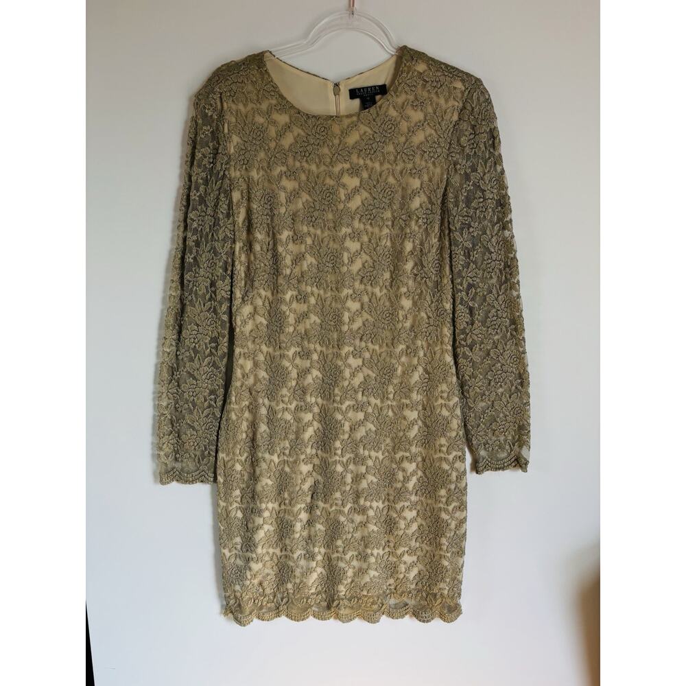 Lauren Ralph Lauren Scalloped Shimmering Metallic Lace long sleeve Dress Size 12